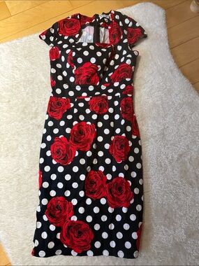 Grace Karin Black Midi Dress with Red Rose & White Polka Dots